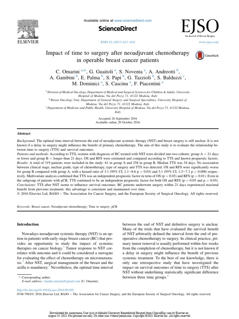 Impact of Time To Surgery After Neoadjuvant Chemotherapy in Operable ...