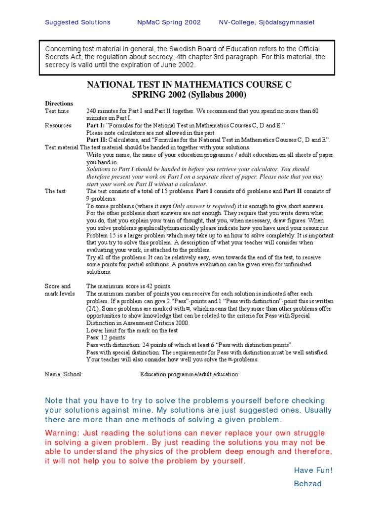 National Test in Mathematics Course C SPRING 2002 (Syllabus 2000) | PDF ...