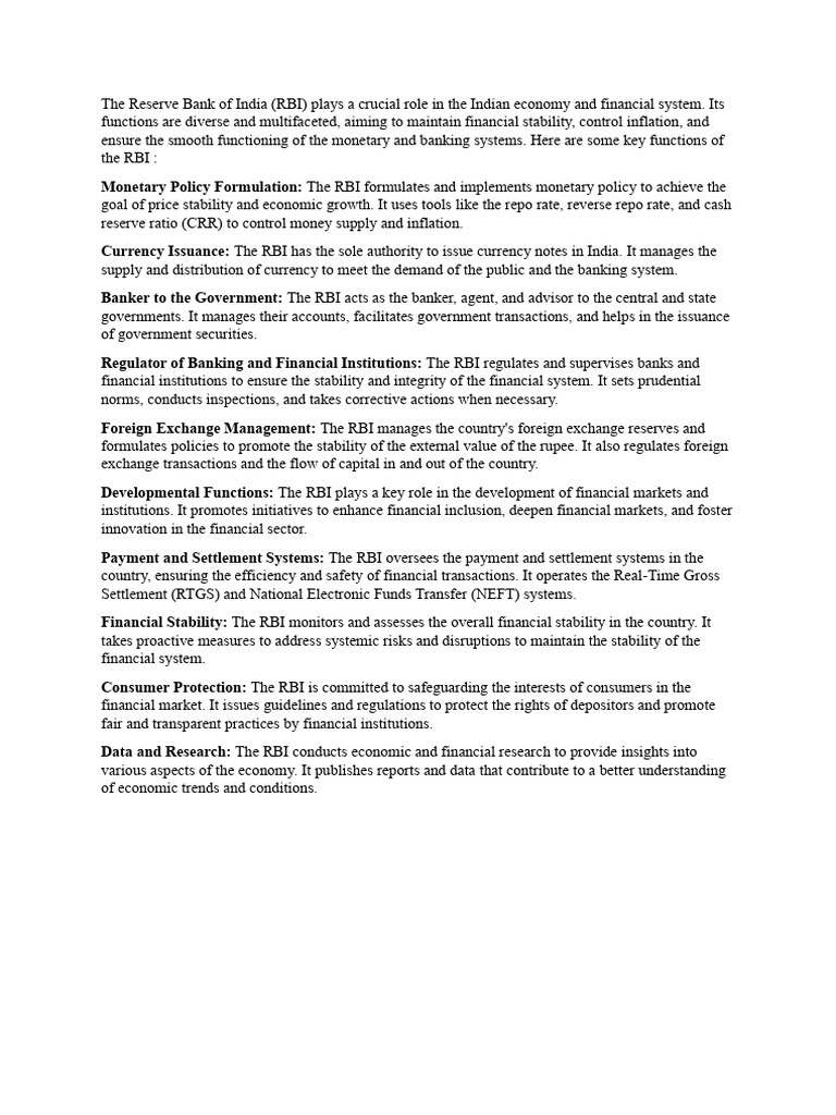 Functions of the Reserve Bank of India | PDF | Reserve Bank Of India ...