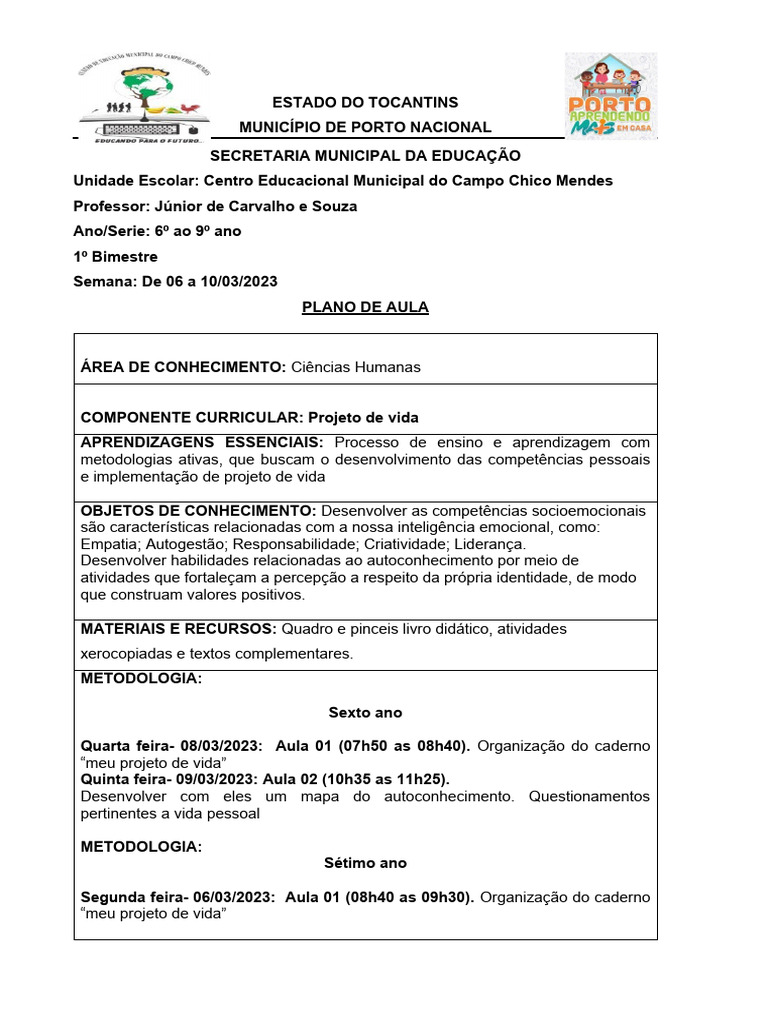 Plano de Aula: Projeto de Vida 6º a 9º Ano | PDF | Aprendizado | Cognição