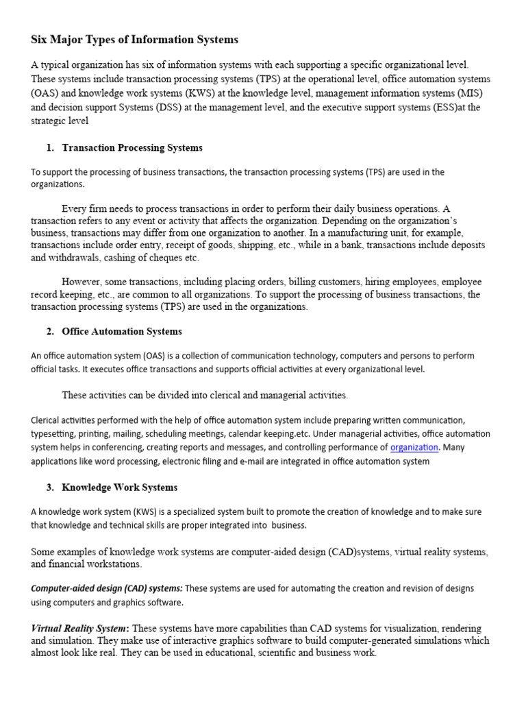 Six Major Types Of Information Systems Pdf Computer Graphics