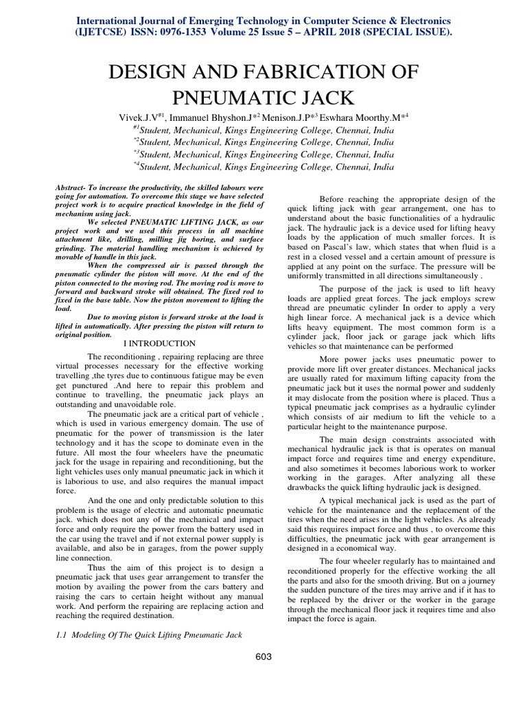 Design of a Quick Lifting Pneumatic Jack | PDF | Electric Motor ...