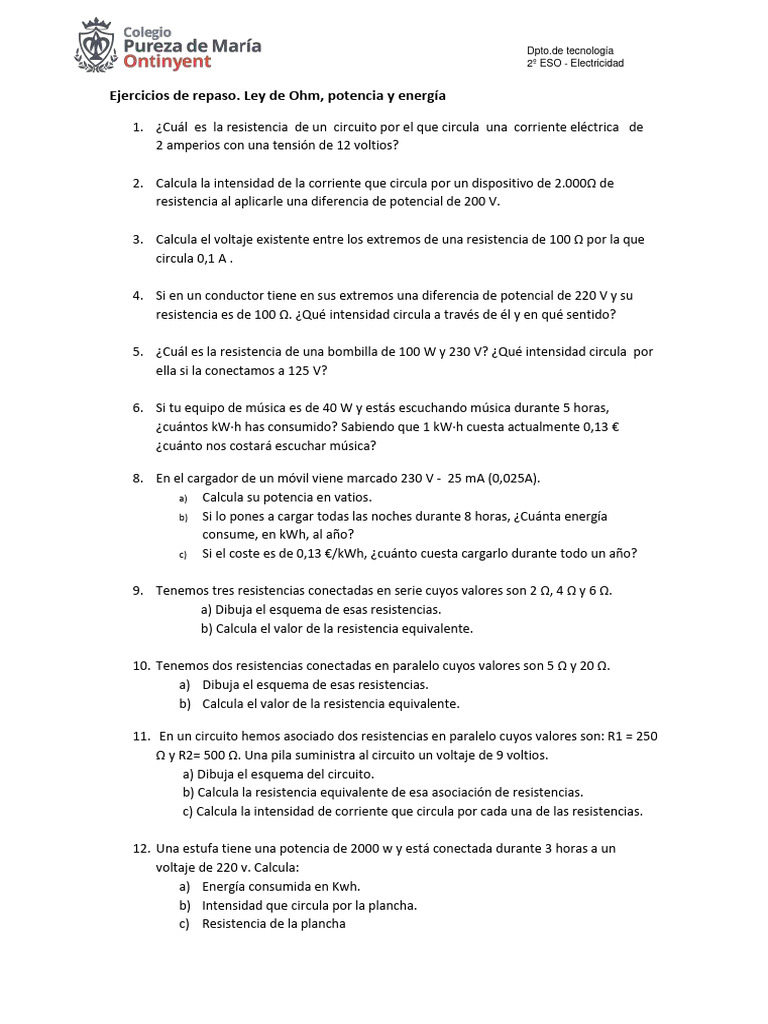 Ejercicios de Electricidad 2º ESO | PDF | Resistencia Eléctrica y ...