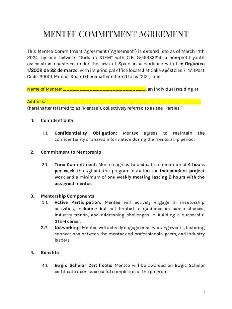 Girls in STEM Mentee Agreement | PDF | Mentorship | Learning Programs