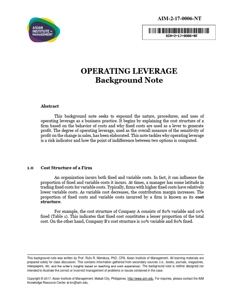 Background Note 2 - Operating Leverage | PDF | Leverage (Finance) | Expense