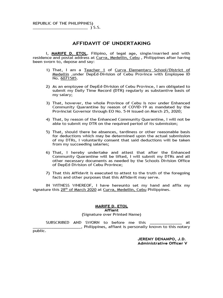 Affidavit of Undertaking for DepEd 2024 | PDF