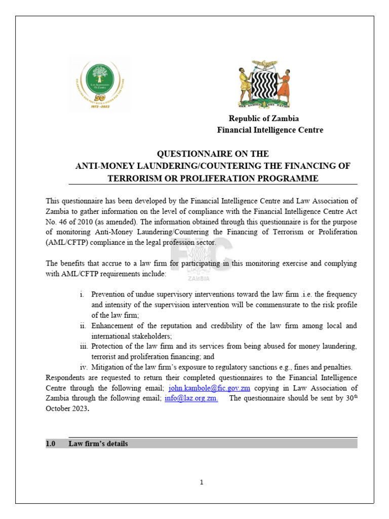 Zambia AML/CFT Compliance Questionnaire | PDF | Money Laundering ...