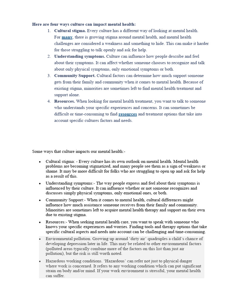Cultural Influences on Mental Health | PDF | Mental Health | Social Stigma