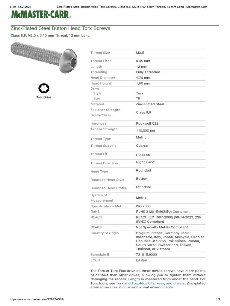 Zinc-Plated Steel Button Head Torx Screws: Class 8.8, M2.5 X 0.45 MM ...