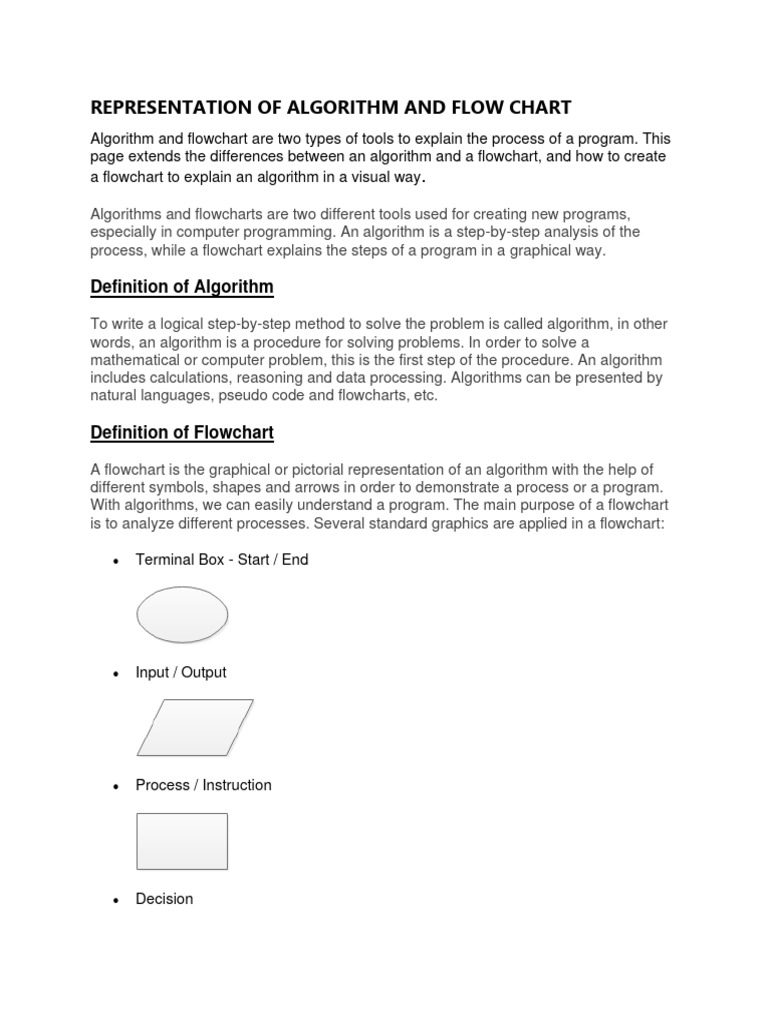 Representation of Algorithm and Flow Chart | PDF | Algorithms | Programming