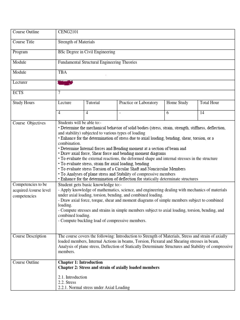 Strength of MateriaLS Course Outline for Civil Engineer ,Tarcha | PDF ...