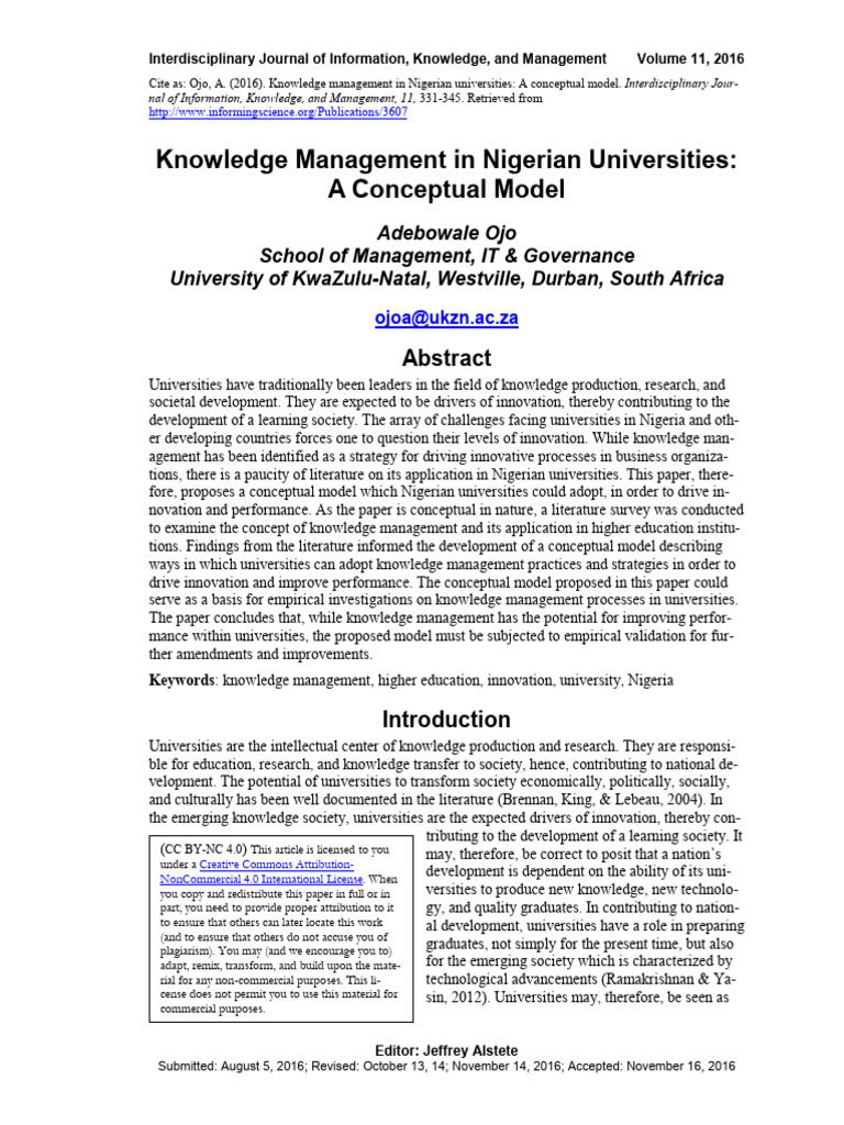 Knowledge Management Model for Nigerian Universities | PDF | Knowledge ...