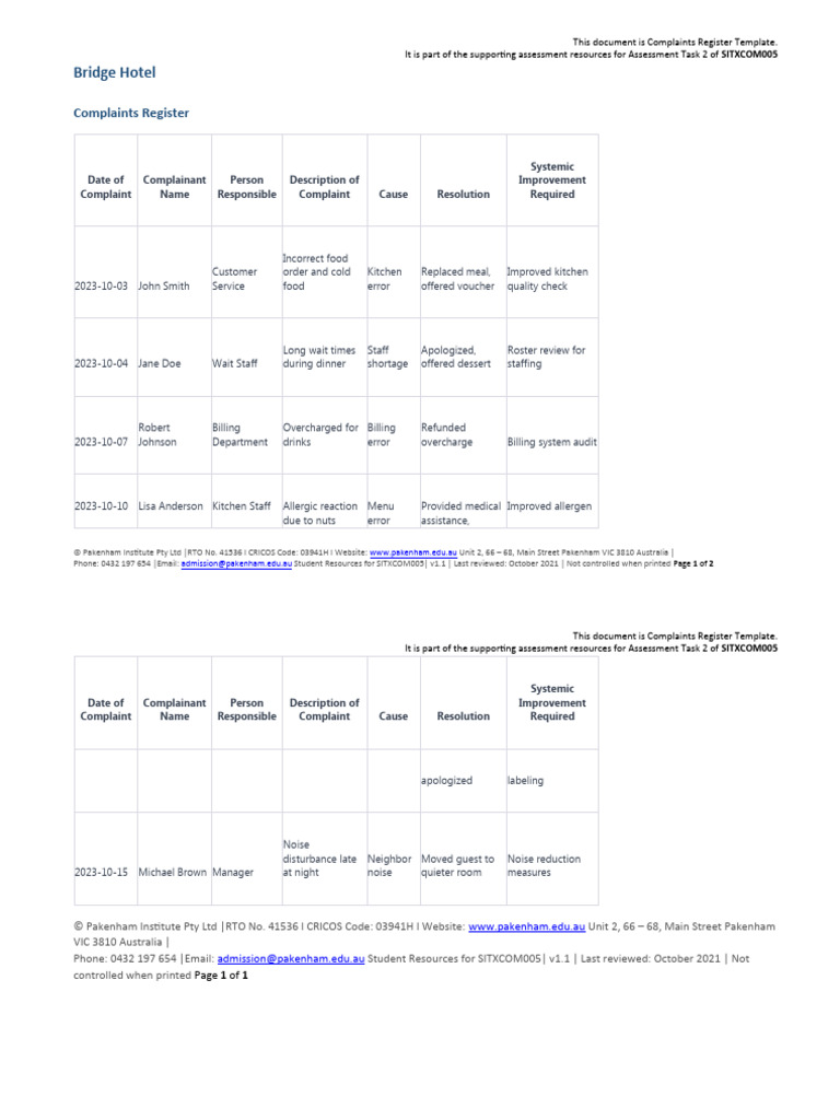 Complaints Register Template PDF