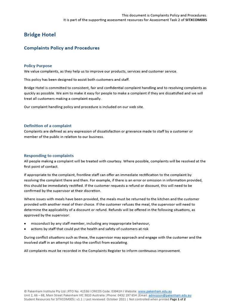 Hotel Complaint Handling Guide | PDF | Privacy | Complaint