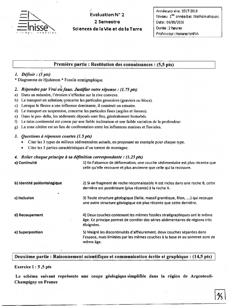 Devoir 2 Sciences de La Vie Et de La Terre 1er BAC Sciences ...