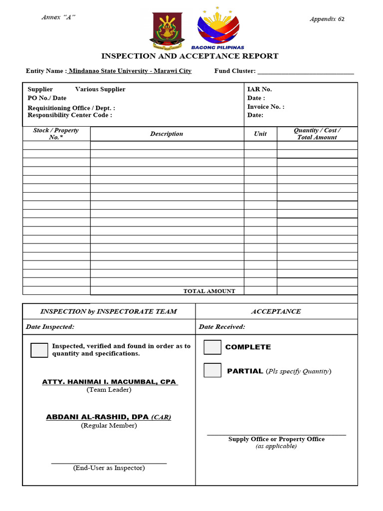 Inspection And Acceptance Report Appendix 62