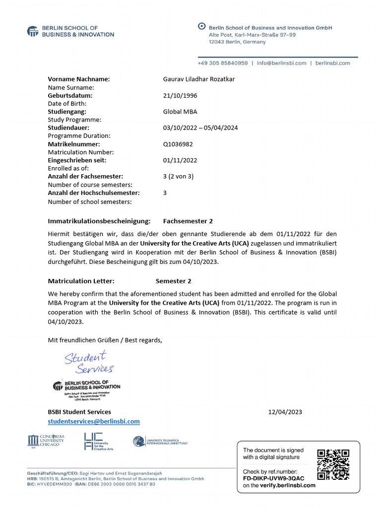Matriculation Letter - Sem2, Q1036982qr | PDF