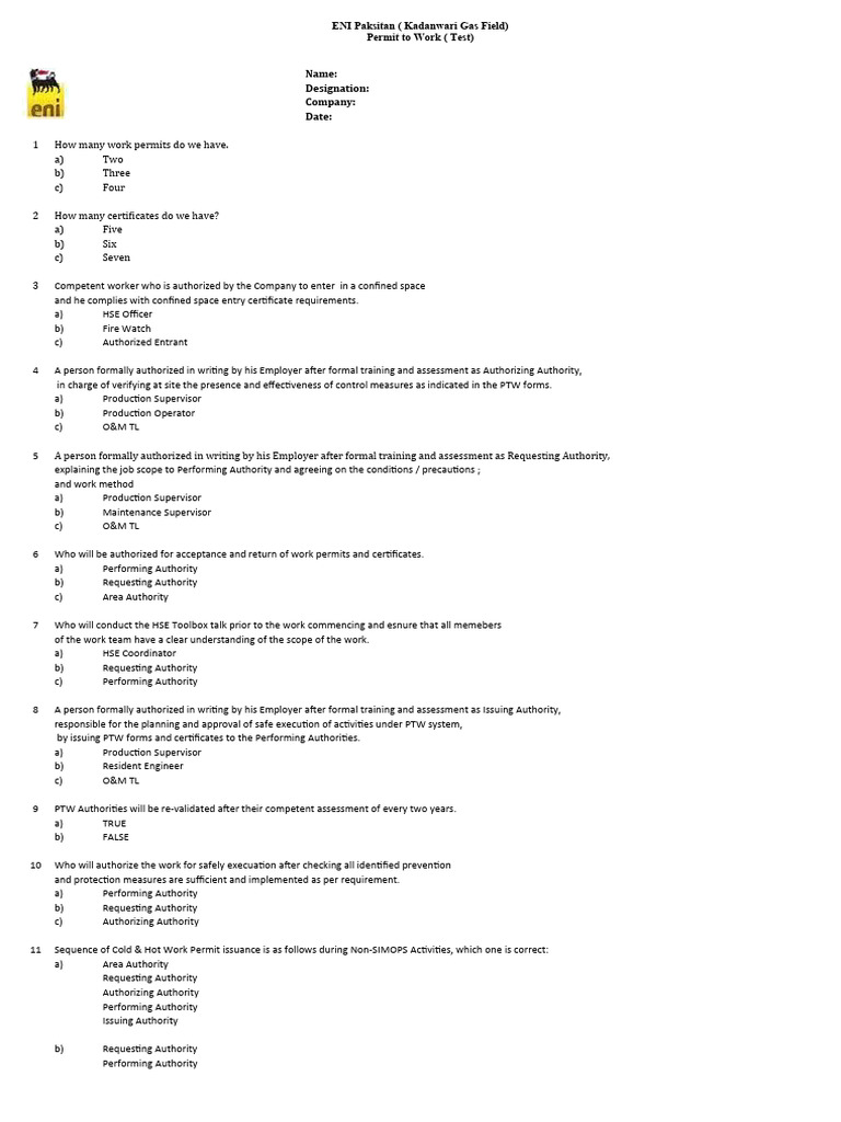PTW Test (2020) | PDF | Workplace | Working Conditions