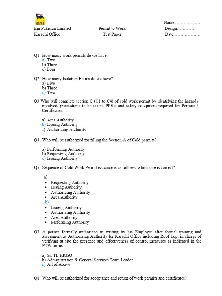 Eni Pakistan PTW Test Paper Overview | PDF | Workplace | Occupational ...