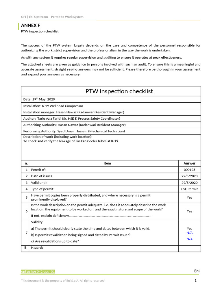 PTW System Audit Checklist | PDF