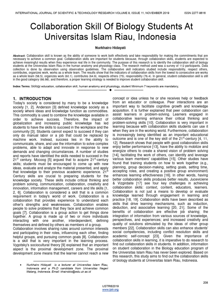 Collaboration Skill Of Biology Students At Universitas Islam Riau