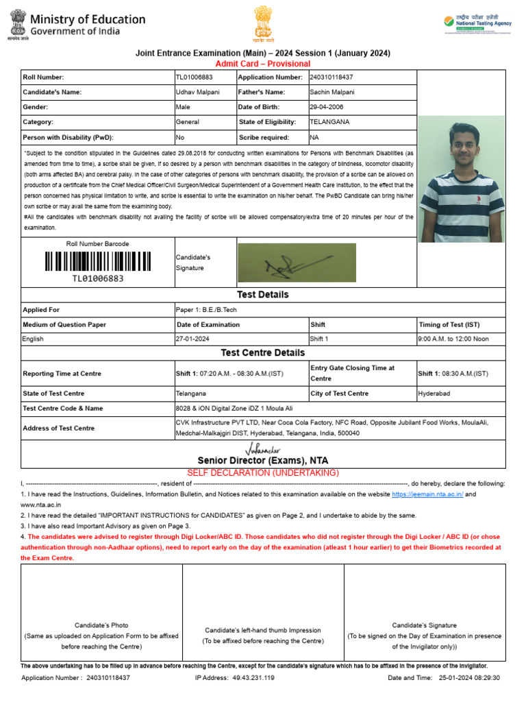 JEE Main 2024 Session 1 Admit Card | PDF | Identity Document