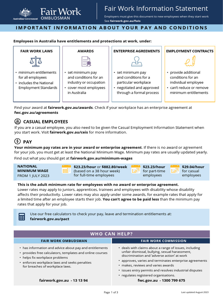 Fair Work Information Statement PDF Employment Minimum Wage