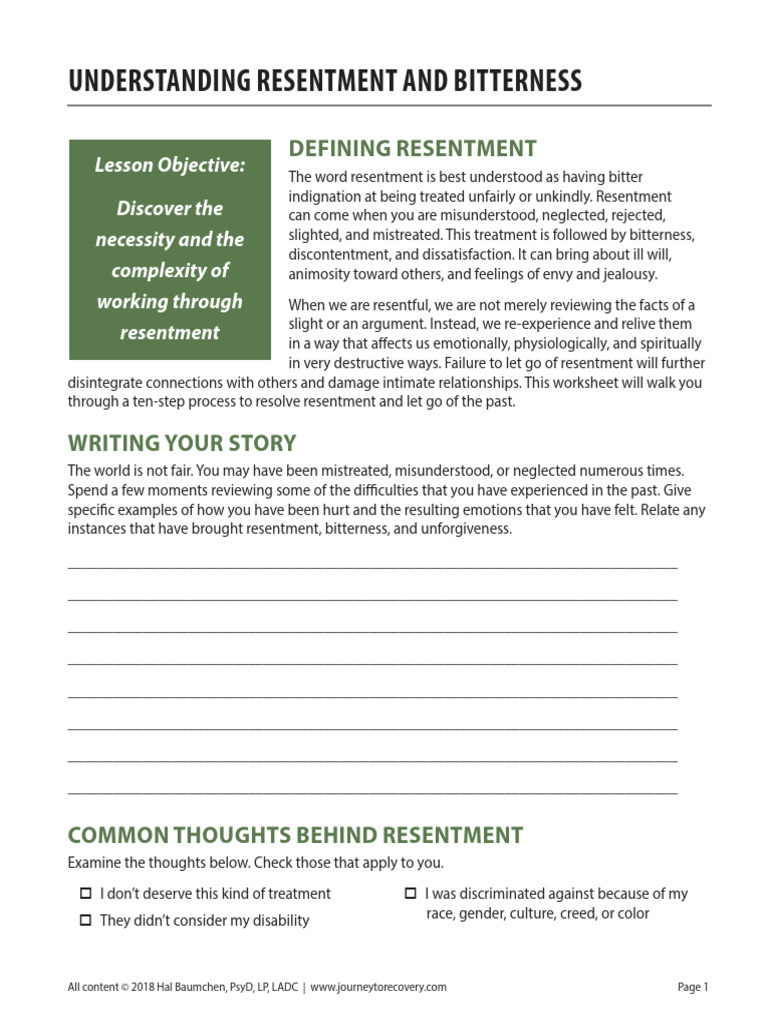 Understanding Resentment and Bitterness COD Worksheet PDF Feeling
