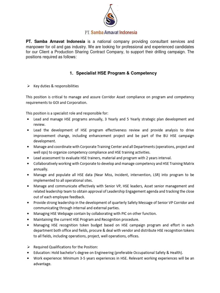 Specialist HSE Program Competency PDF Leadership Consultant