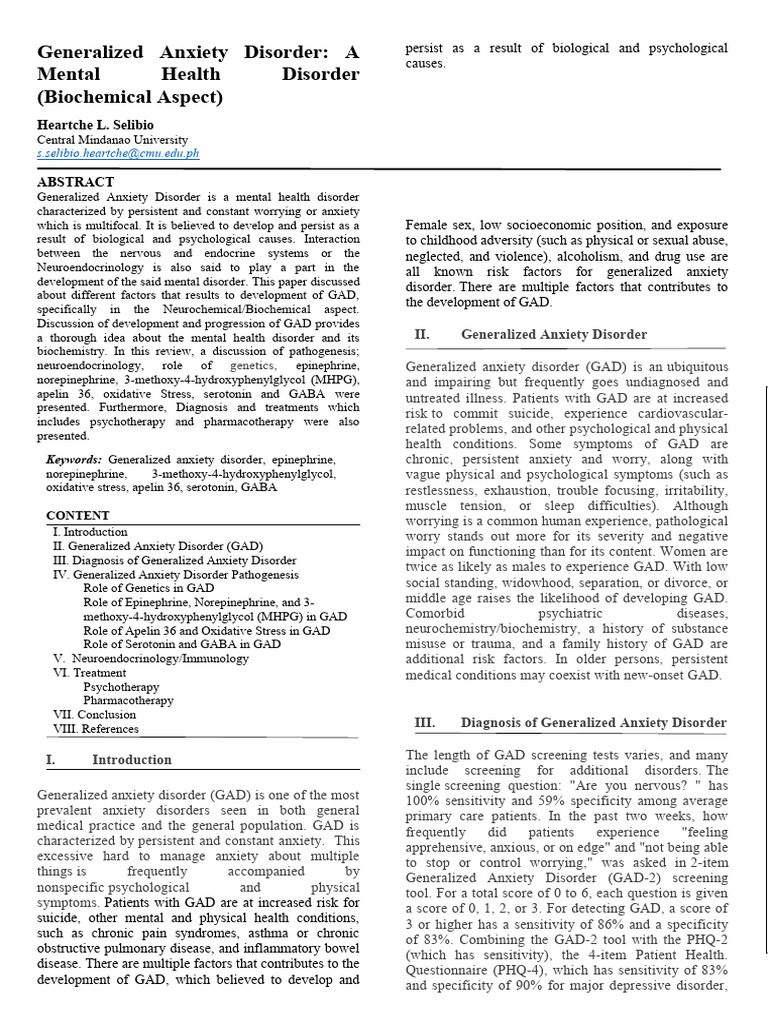 Biochemical Factors in Generalized Anxiety Disorder | PDF | Generalized ...