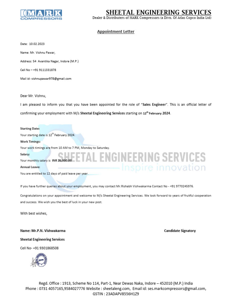 Appointment Letter for Sales Engineer | PDF