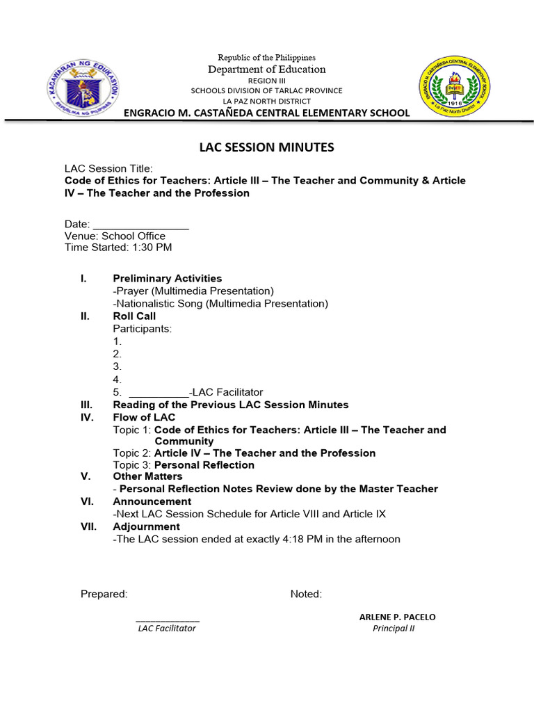 LAC Session Minutes: Teacher Ethics Discussion | PDF