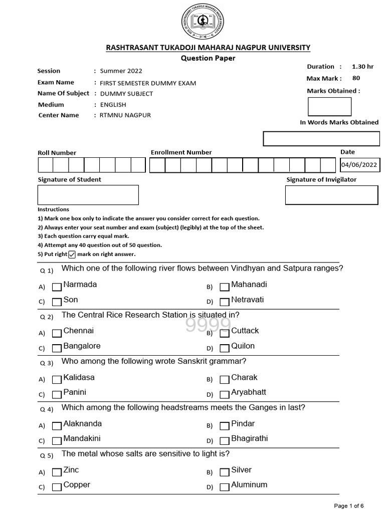 06 06 2022 First Semester Dummy Exam Dummy Subject (English) PDF