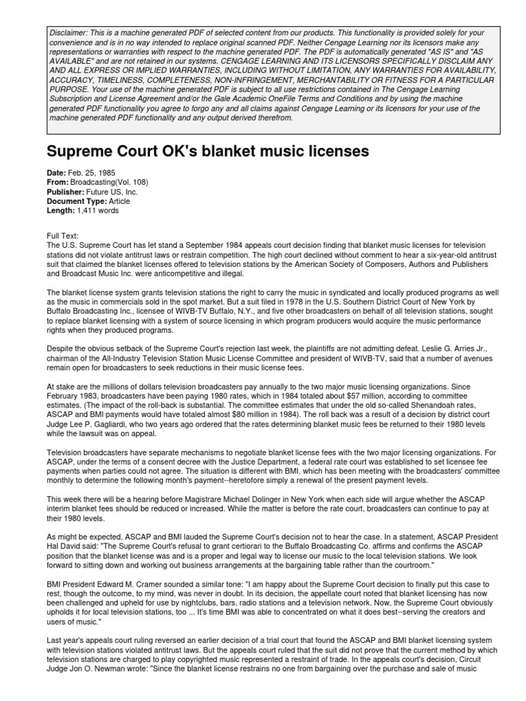 Supreme Court OK's Blanket Music Licenses (1985) PDF License Lawsuit