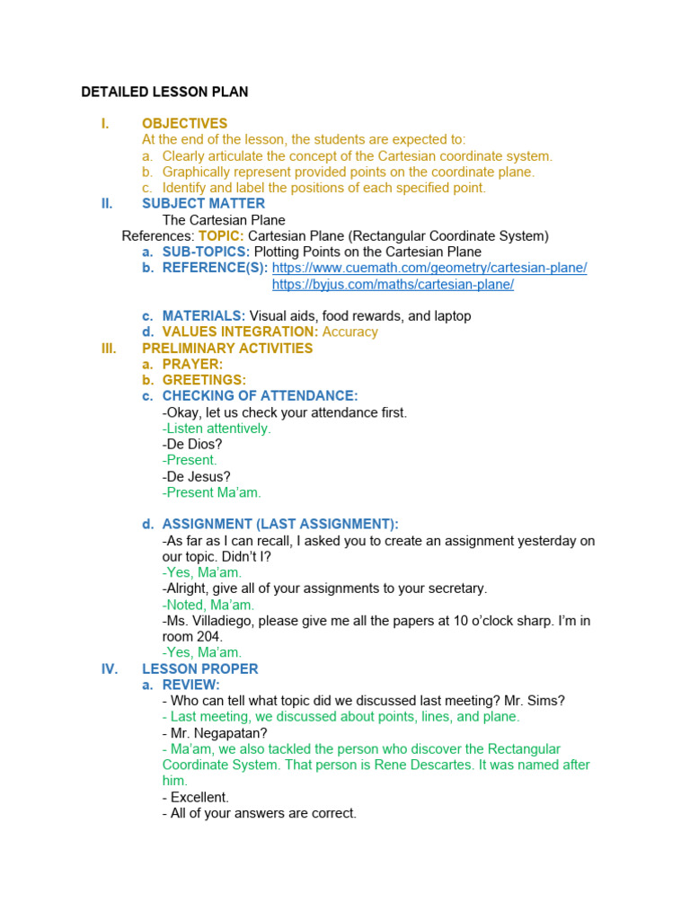 Detailed Lesson Plan | PDF | Cartesian Coordinate System | Cognitive ...