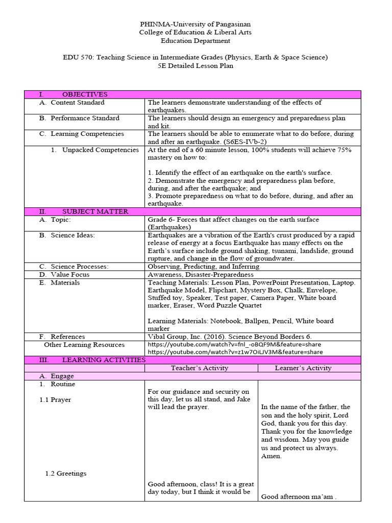 Earthquake Preparedness Lesson Plan | PDF | Earthquakes | Learning