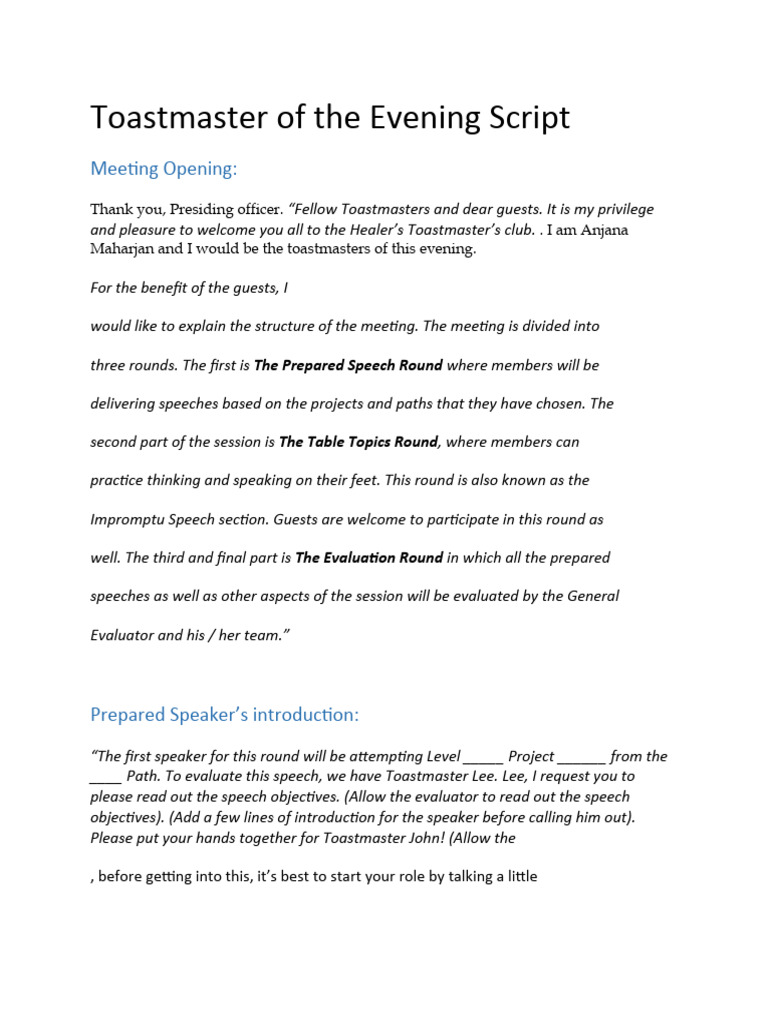 Toastmaster of the evening script pdf human communication