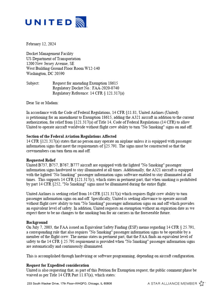 United Airlines Request For No Smoking Sign Exemption 2024 PDF