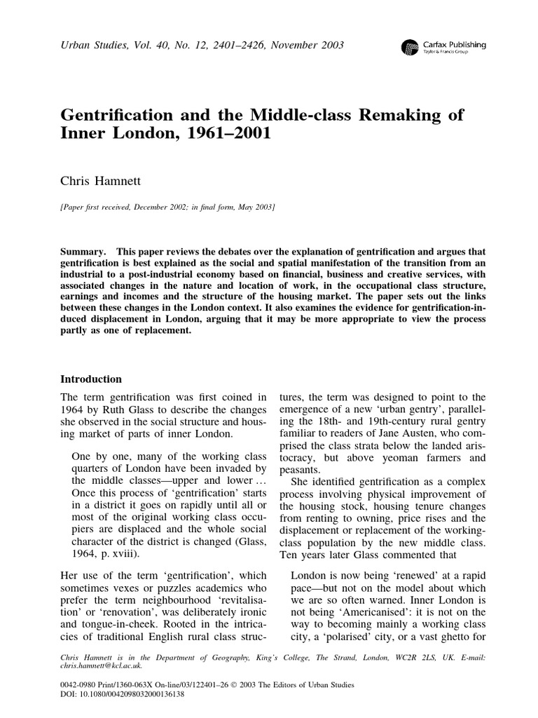 Gentrification in Inner London, 1961-2001 | PDF | Economic Inequality ...