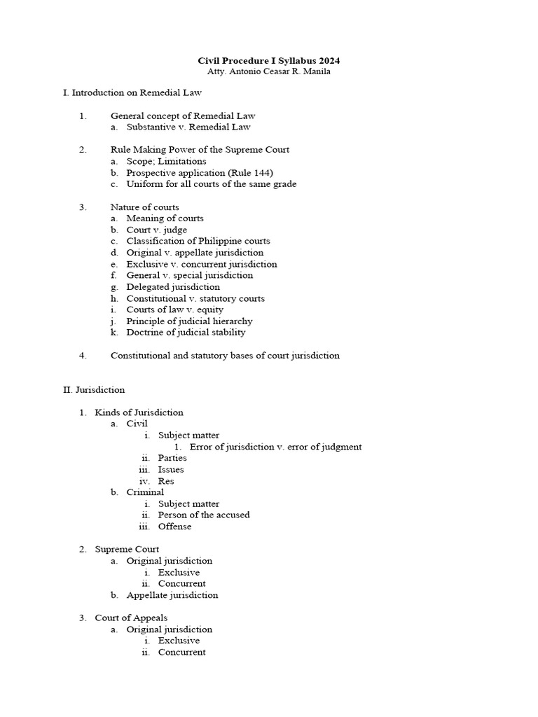 Civ pro 1 syllabus 2024 pdf jurisdiction appellate court