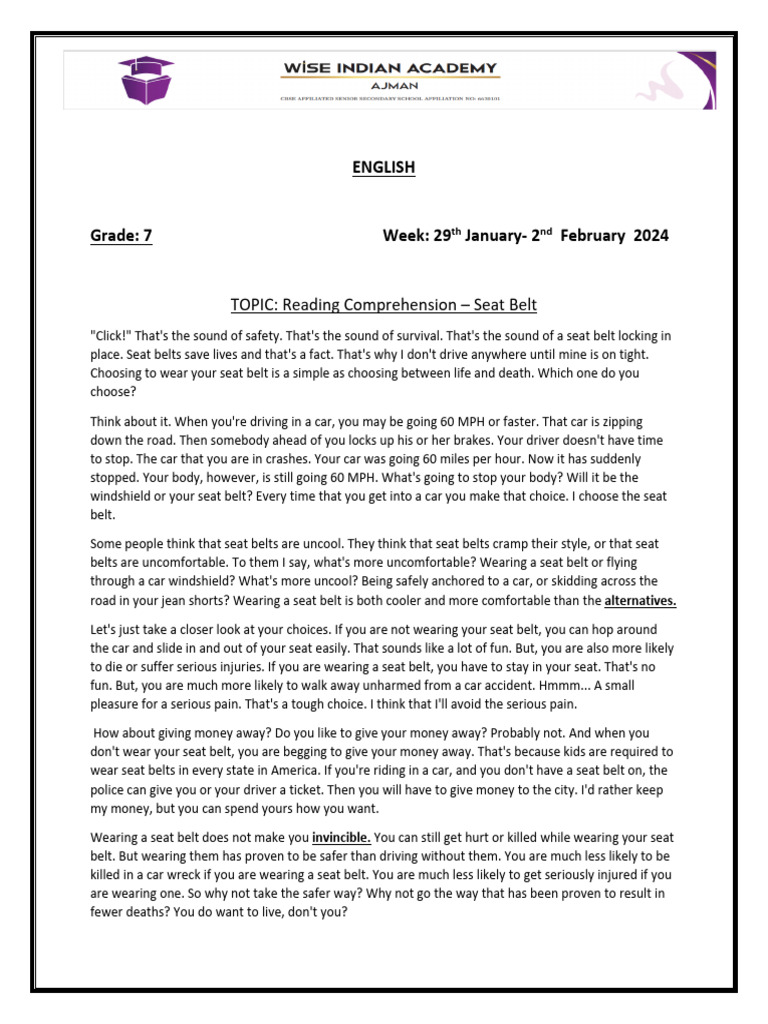 Reading Comprehension Seat Belts PDF Seat Belt Traffic Collision