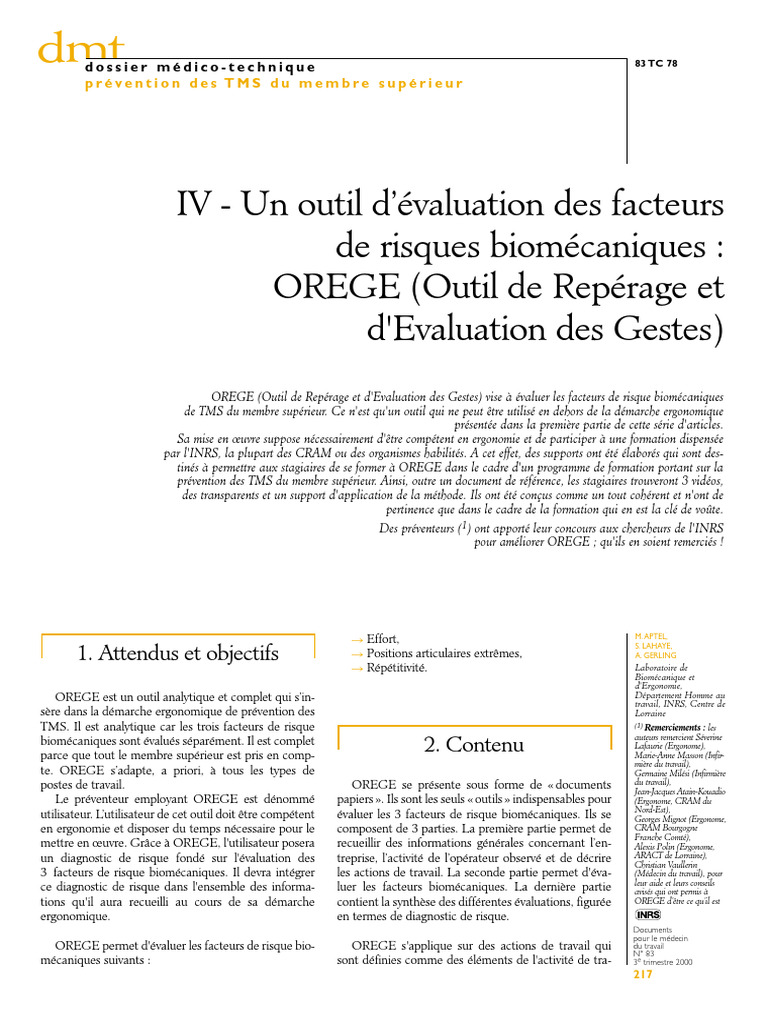 OREGE : Évaluation des TMS au travail | PDF | Ergonomie et facteurs ...