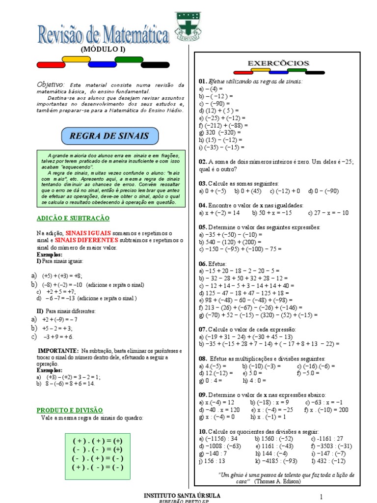 Regra de sinais ( Exercícios ) 