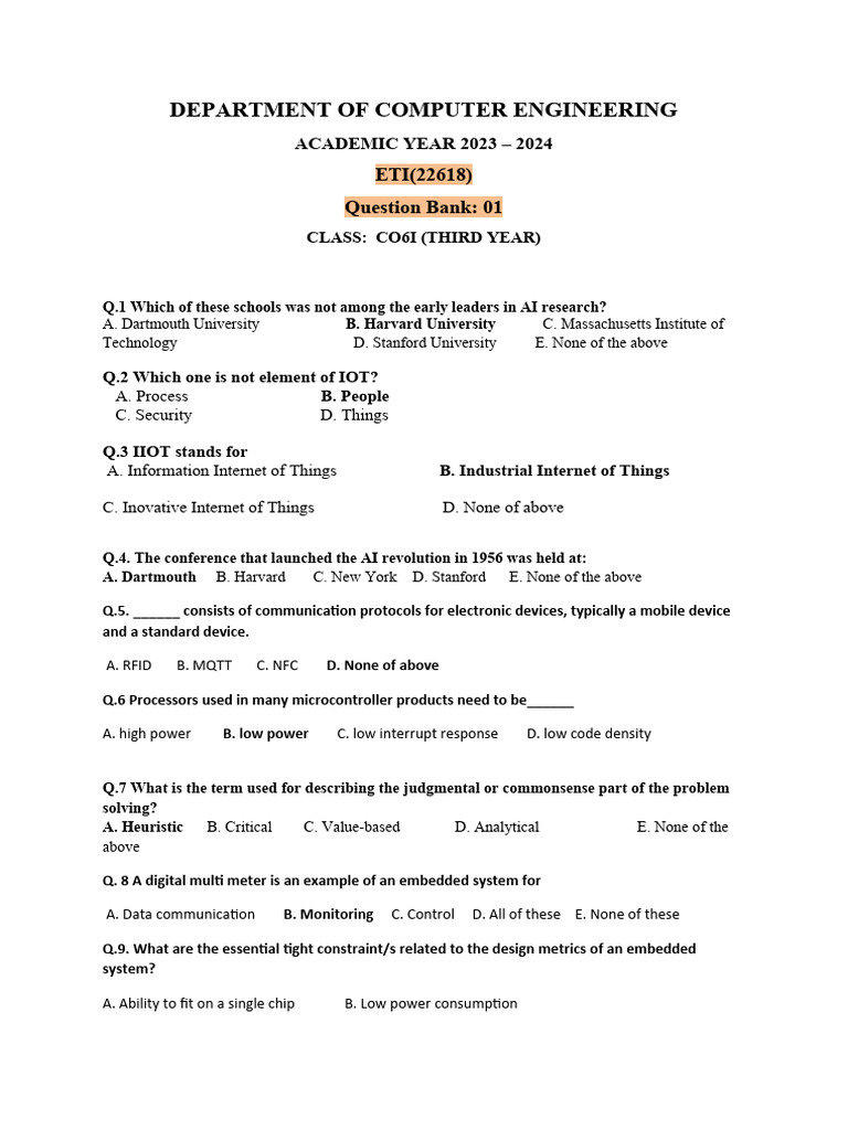 ETI Question Bank | PDF | Internet Of Things | Artificial Intelligence