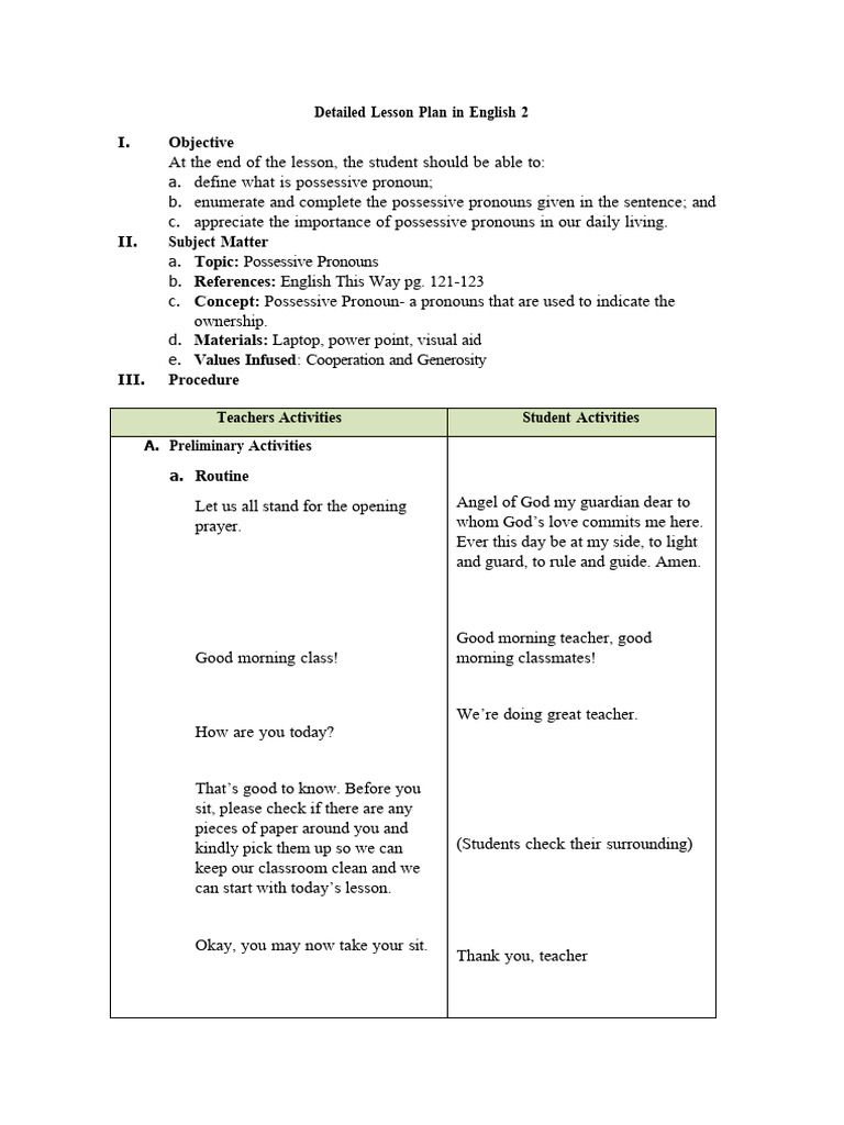 Grade 2 Lesson Plan: Possessive Pronouns | PDF | Pronoun | English Language