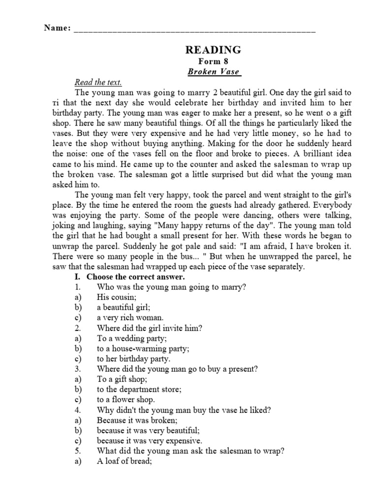 Reading 8 Form | PDF