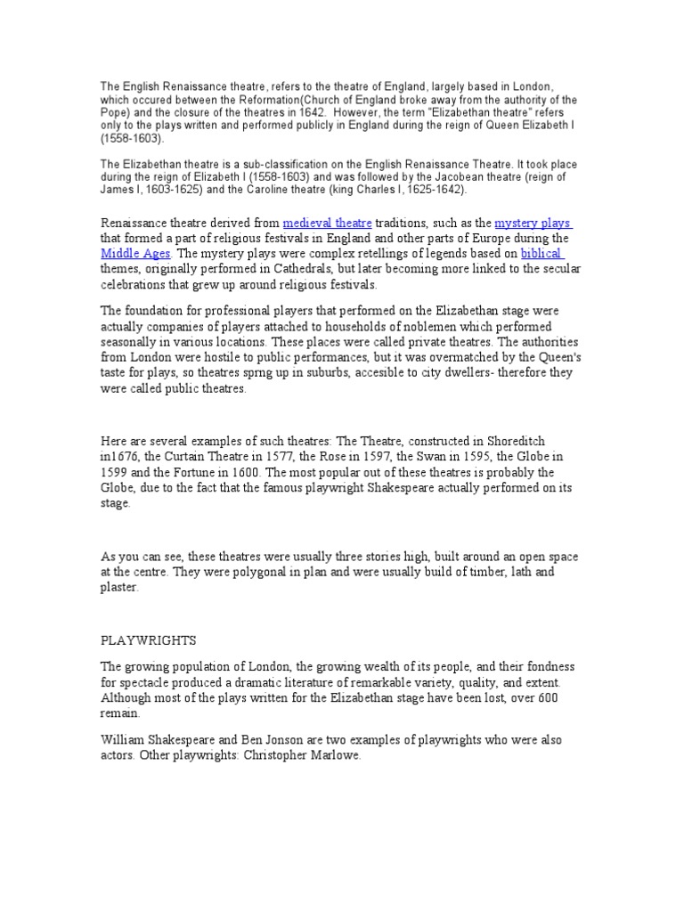 Elizabethan Theatre Overview and Impact | PDF | William Shakespeare ...