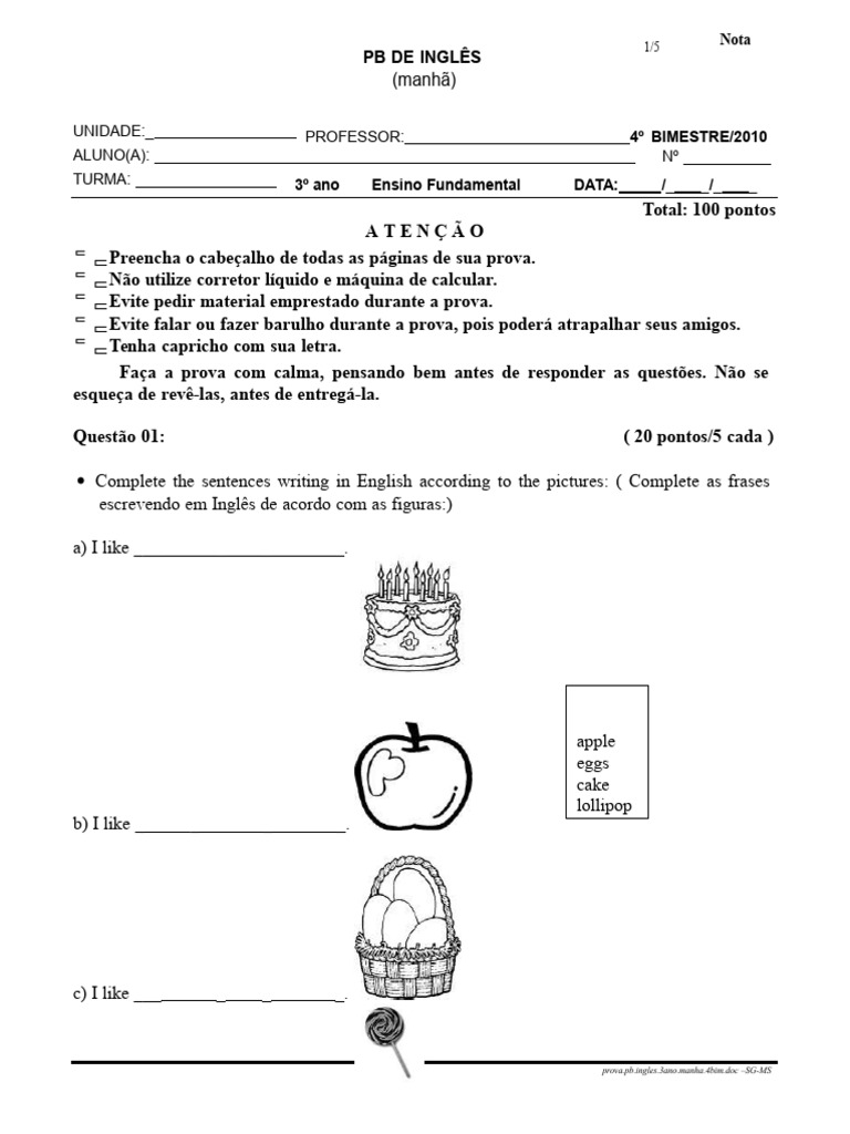 Prova de Inglês 3º Ano - 4º Bimestre | PDF