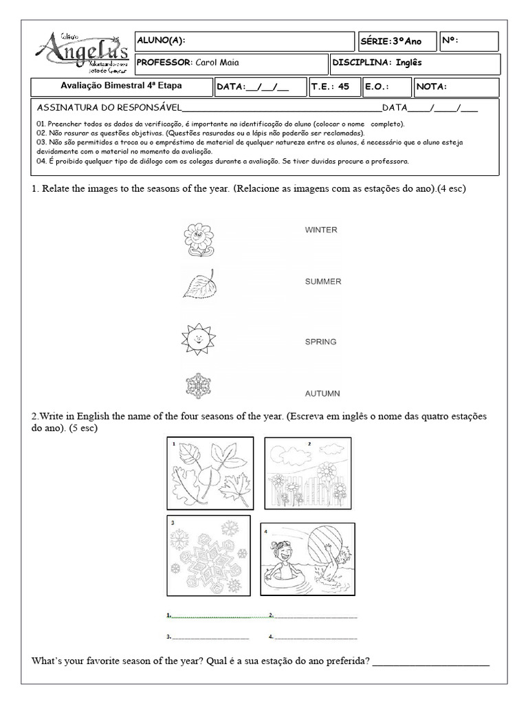 Avaliação de Inglês 3º Ano - Estações | PDF