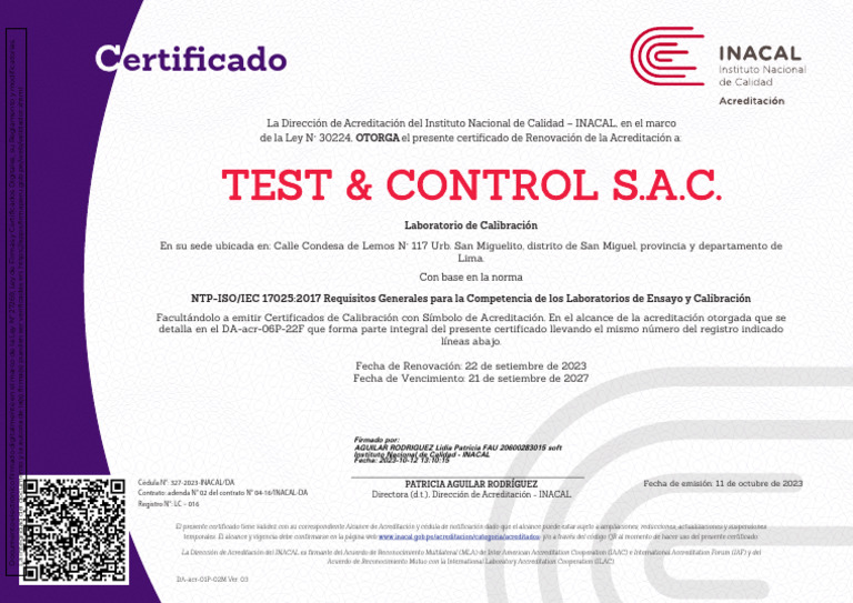 Certificado de Acreditación Inacal - Test & Control S.A.C. | PDF